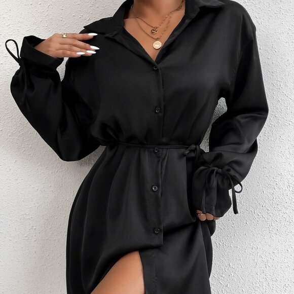 Black Elegant Women's Solid Color Satin Collar Cinched Waist Long Sleeve Dress - Picture 1 of 5